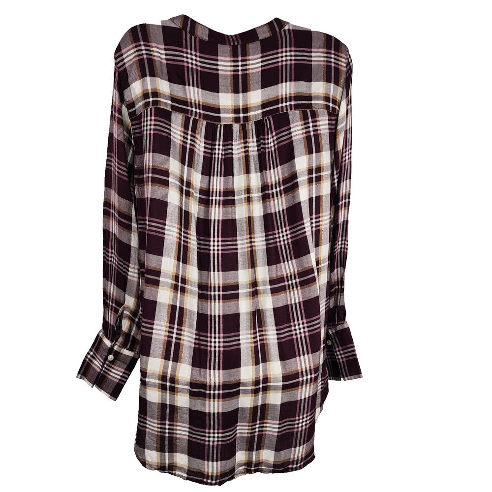 LOFT Womens Plaid Henley Popover Blouse Tunic Plum Purple Small Shimmer Relaxed - Picture 2 of 10